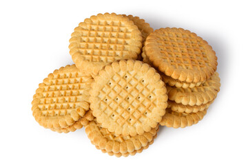 A pile of round cookies on a white background. Lots of whole round cookies close-up