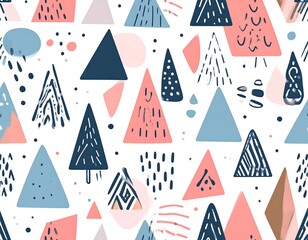 A vibrant, whimsical pattern featuring assorted triangles in shades of blue, pink, and brown against a white backdrop, with various textures