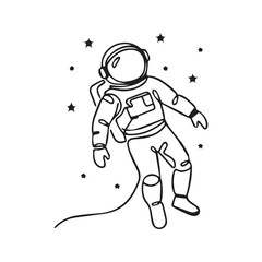 Minimalist astronaut logo design. Abstract one-line art of a floating spaceman in space with stars. Simple black and white vector icon for science and technology.
