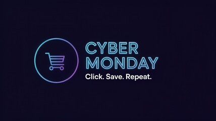 Bright neon shopping announcement on dark navy background for an online shopping event featuring a cart and catchy phrase. Cyber Monday