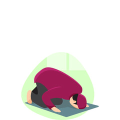 Muslim Man Kneeling in Prayer on a Mat Indoors Wearing a Maroon Head Covering and Dark Pants with a Light Green Abstract Background