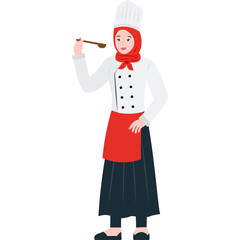 Muslim Woman Chef Wearing White Chef Hat and Red Scarf Tasting Food With Spoon