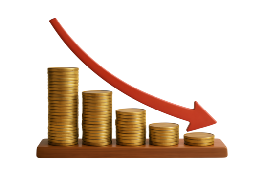Golden coin stacks decline sharply with red arrow indicating financial downturn