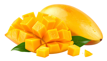 A ripe mango, partly diced, with whole fruit and green leaves on black background