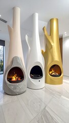 Modern, tall, sculpted fireplaces in cream, gray, and gold