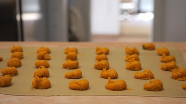 Close‑up of handmade pasta preparation in Italy, with orange butternut squash vegan tortelli filling portioned on dough sheets, ready for layering and shaping during autumn season.