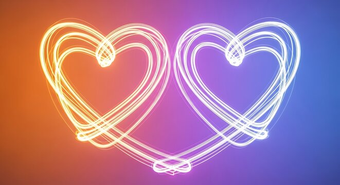 Two intertwined neon hearts glowing with vibrant colors