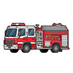 A cartoon illustration of a red and white fire truck with its equipment visible on the side.