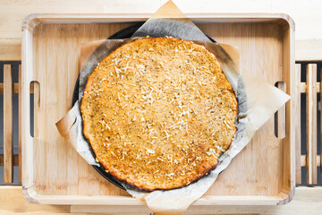 chickpea flour flatbread socca on wooden tray rustic french inspired recipe
