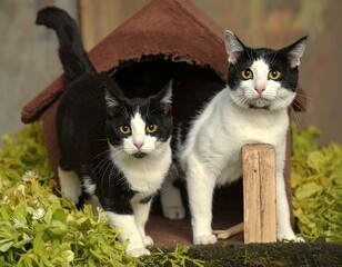 Two cats with black and white markings standing near a small, brown wooden house surrounded by greenery