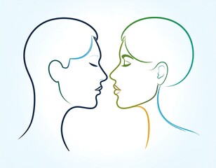 Minimalist Line Art - Two Faces in Profile, Close Together.