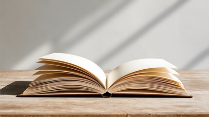 Opened book with clean blank pages lying on a wooden table in a room