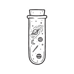 Cute hand-drawn doodle of the universe in a test tube. Whimsical line art illustration of a cosmic potion with planets, moon, and stars. Science and astronomy concept.
