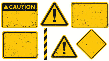 A collection of various yellow caution signs and warning symbols, with weathered textures and isolated on a white background, representing potential hazards.