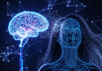 Futuristic AI brain interface with neural network connections, perfect for technology concepts, science breakthroughs, and innovative digital solutions in a modern world