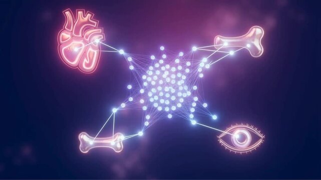 Heart, Bones & Eye Network Visualization, Biological Connections in 3D, Medical Data Representation