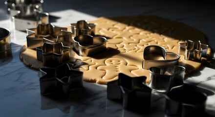 Holiday cookie cutters of various shapes press into rolled-out dough on a marble surface, creating festive treats.