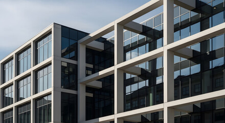 Modern Bank Building Exterior with Glass Reflections and Strong Architectural Lines