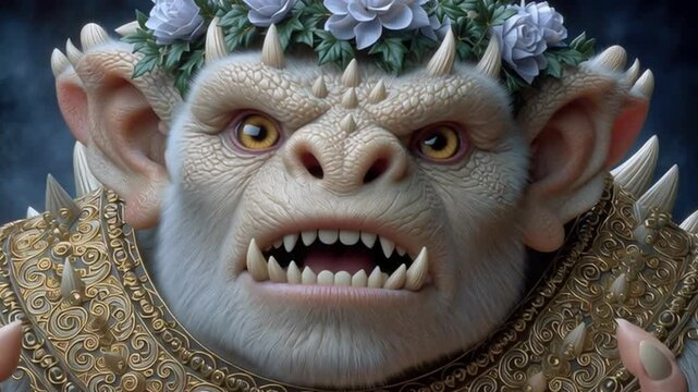 Fantasy ogre king with floral crown, majestic fantasy ogre king in golden armor, realistic 3D fantasy ogre king portrait for mythological art, 