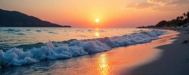 Obraz premium Serene Sunset Waterfront Tranquil Waves Gently Lap the Peaceful Shoreline, Perfect for Relaxation and Spa Themes