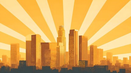 Obraz premium Golden sunburst over a modern city skyline at dawn.
