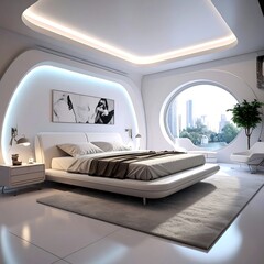 Modern white bedroom with large window