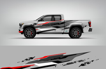 White and black pickup truck wrap with aggressive streak graphics and sharp contrast. Editable vector EPS format included.