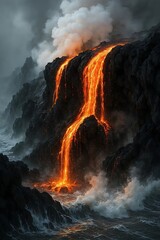 Molten lava flowing down a rocky mountainside into the ocean