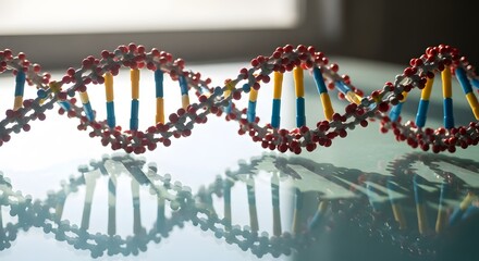 A colorful 3D model of a DNA double helix sits on a reflective surface, emphasizing its intricate structure. Ideal for scientific or educational content.