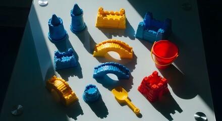 Colorful plastic beach toys including sandcastle molds, a bucket, a shovel, and bridges arranged on a white table with dramatic lighting and shadows.