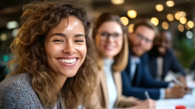 Group of confident young people in smart casual wear discussing business while having meeting in office, under gentle office light, highlighting collaborative spirit and engaged ex