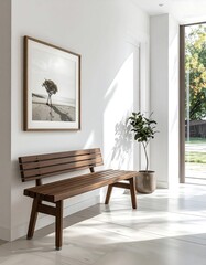 Modern wooden bench in a bright hallway