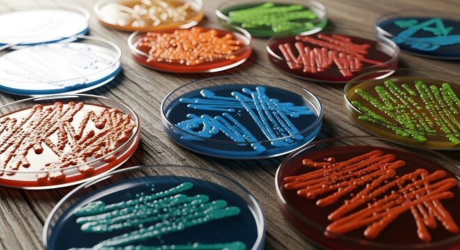 Colorful Microbial Cultures In Petri Dishes On Wooden Table