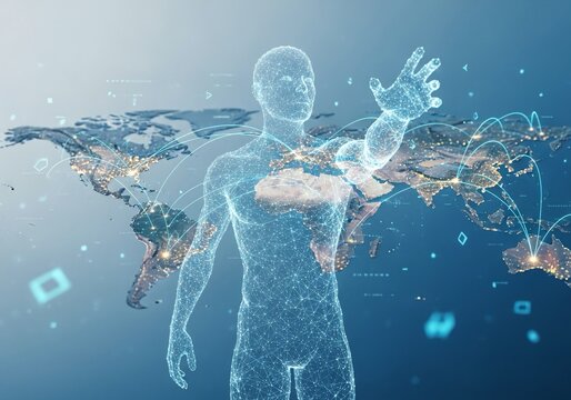 Futuristic global network connecting the world, featuring a glowing human figure reaching out to technological advancements and digital transformation across continents
