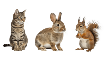 Set of Three Cute Animals – Cat, Rabbit, and Squirrel Isolated on White Background – Adorable Pet and Wildlife Collection Featuring Fluffy Domestic and Forest Creatures in High Detail for Nature and K