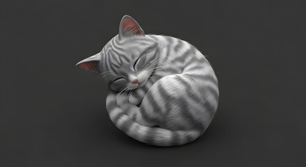 Sleeping kitten curled up into a ball, cozy and peaceful on a dark background