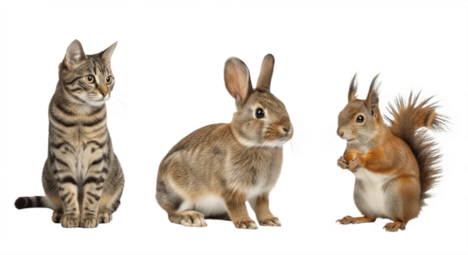 Set of Three Cute Animals – Cat, Rabbit, and Squirrel Isolated on White Background – Adorable Pet and Wildlife Collection Featuring Fluffy Domestic and Forest Creatures in High Detail for Nature and K