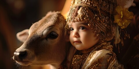 Ethereal Portrait of Baby Lord Krishna (Bal Gopal) in Ornate Gold Attire Posing Intimately with a Holy Calf