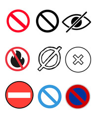 Collection of various prohibition and restriction signs in different colors and styles, including symbols for no entry, no fire, no viewing, and no parking, representing universal 