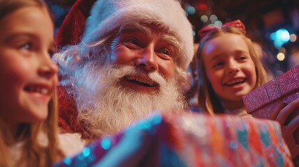 A smiling Santa Claus hands out colorful gift boxes to happy children, with a cheerful face.