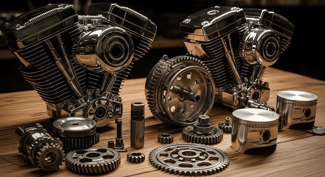 A disassembled motorcycle engine and its various components are meticulously arranged on a wooden table. This close-up showcases the intricate details of gears, pistons, and other engine parts. - Powered by Adobe