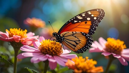 Fototapeta premium Monarch butterfly on pink flowers, vibrant colors, sunlight
