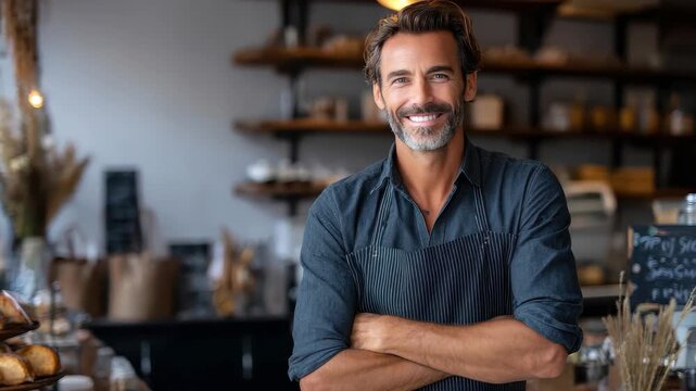 Small business owner smiles confidently in his cozy caffee, showcasing his vibrant personality and passion for community engagement in a bustling urban area