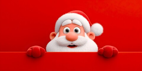 Cheerful 3D Cartoon Santa Claus Character Peeking Over a Vibrant Red Blank Banner with Copy Space
