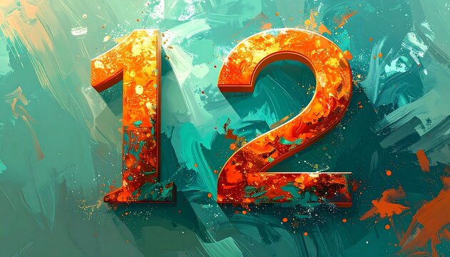 Artistic rendering of the number 12 with vibrant colors and paint strokes