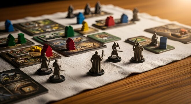 Fantasy Board Game Setup On Wooden Table With Miniatures