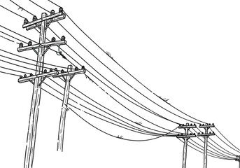Dynamic line drawing of power lines and utility poles against white, ideal for infrastructure, energy, or conceptual designs, offering simplicity and clarity