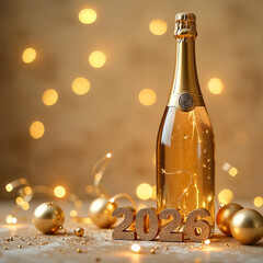 Golden vertical themed New Year concept featuring champagne bottle and festive decorations for 2026