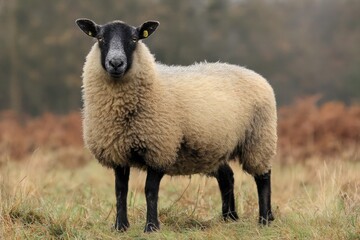 Obraz premium A black faced sheep stands in a field of dry grass and heather