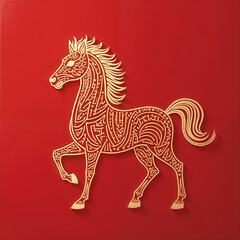 Chinese new year 2026 text on red wood and year of the horse. Red horse illustration and design on natural background.